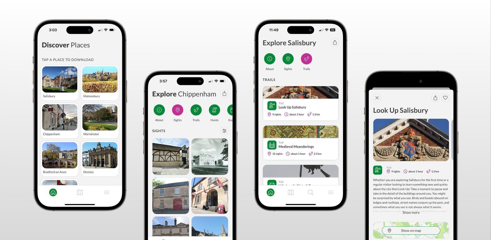 Several screenshots of Explore Wiltshire Mobile App showing the main features of the app